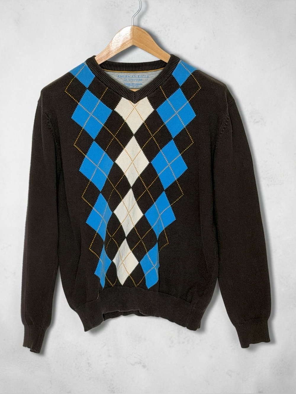 American Eagle Women’s XL Argyle V-Neck Sweater Brown Blue Cream 100% Cotton Y2K